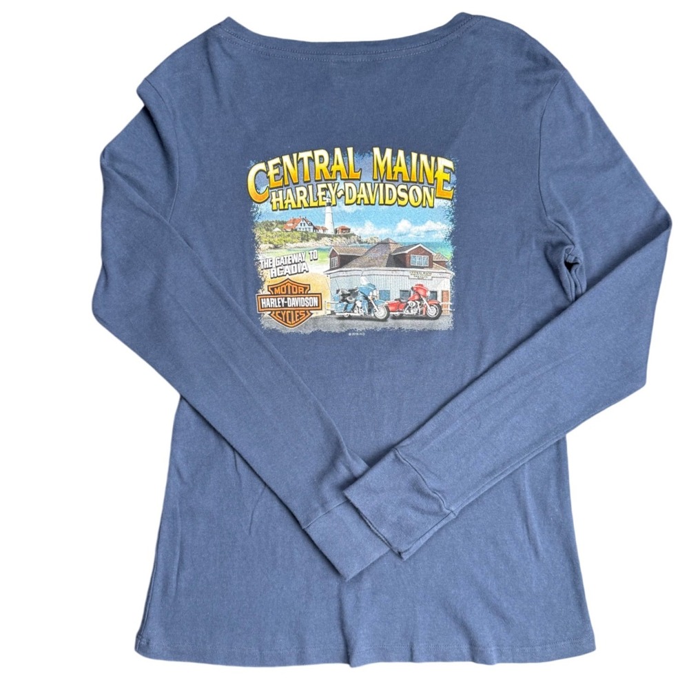 Harley Davidson Womens Long Sleeve Shirt Central Maine USA Made Blue Medium - Picture 2 of 6